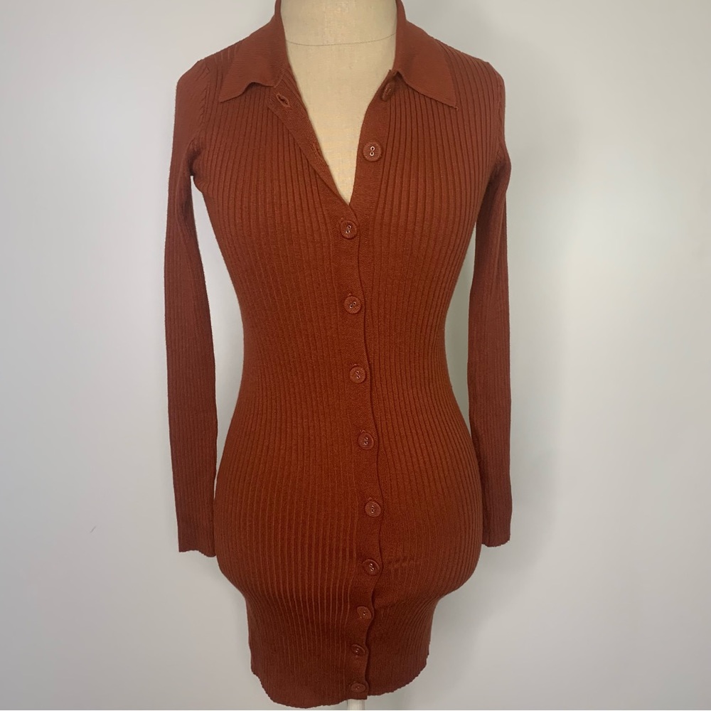 forever 21 burnt orange button down long sleeve ribbed dress Small